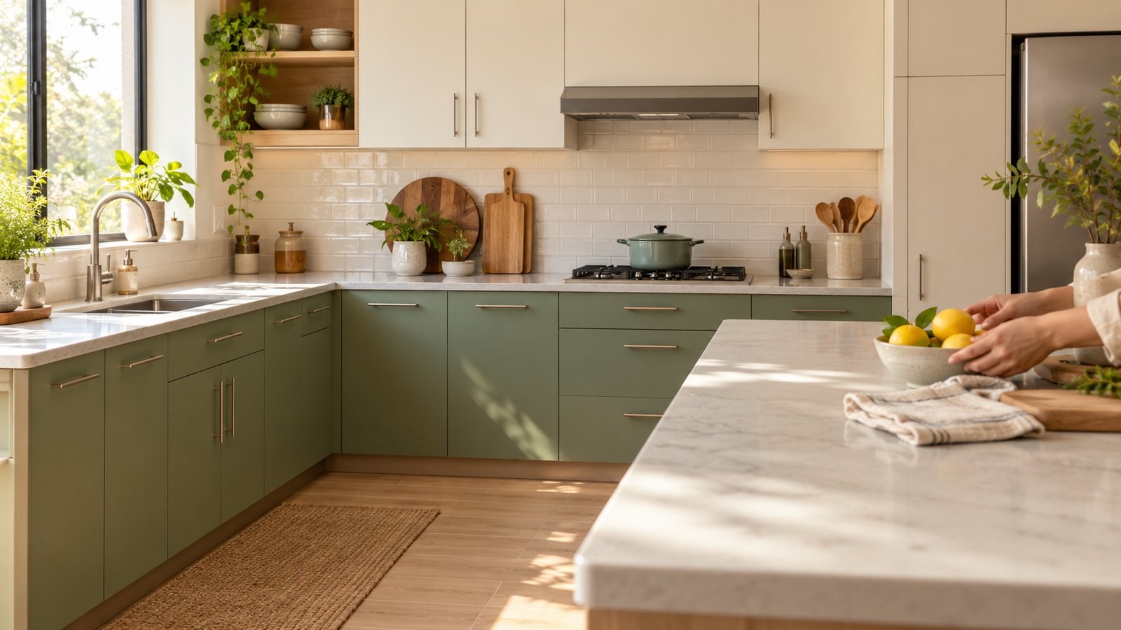 Modern modular kitchen with coordinated cabinet colours, floor tiles, backsplash, and countertops